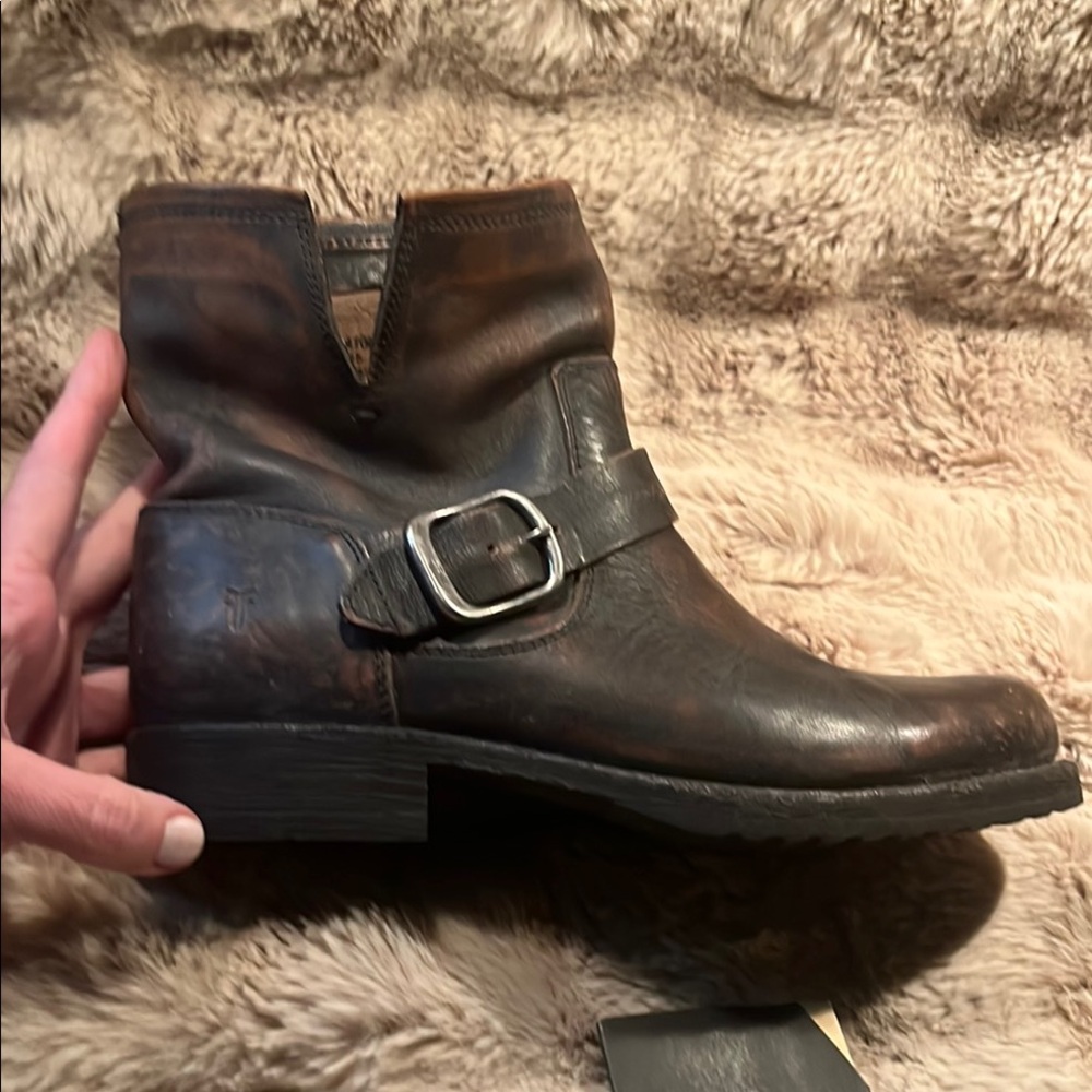 Frye Black Combat Moto Boots with Distressed Leather